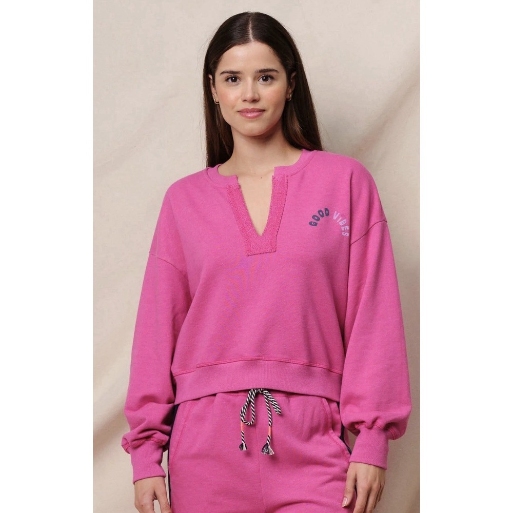 Sundry Anthropologie Good Vibes Cropped Sweatshirt Fuchsia Split Neck SZ S NWOT